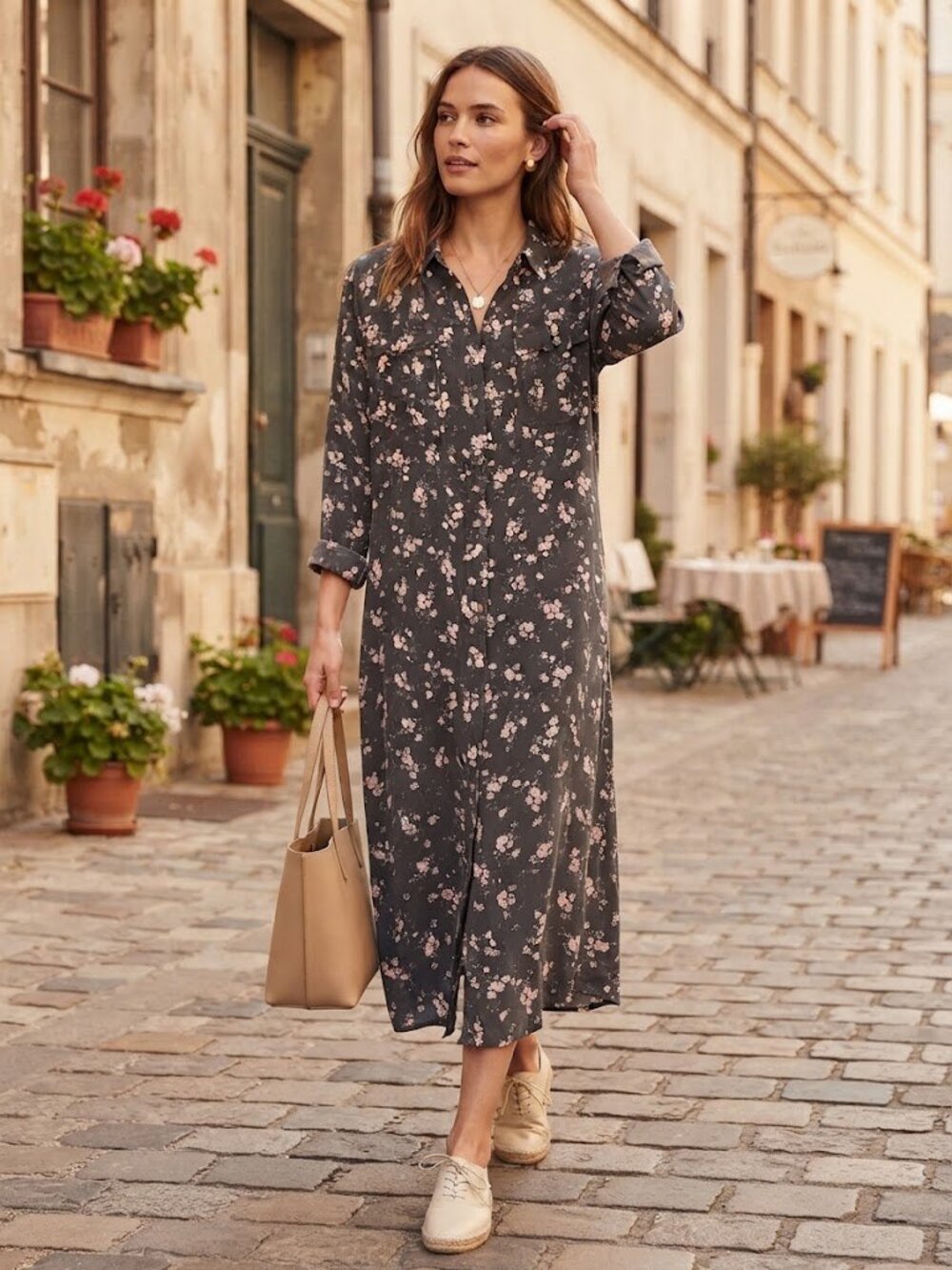Navy & Pink Floral Button-Front Long Sleeve Dress